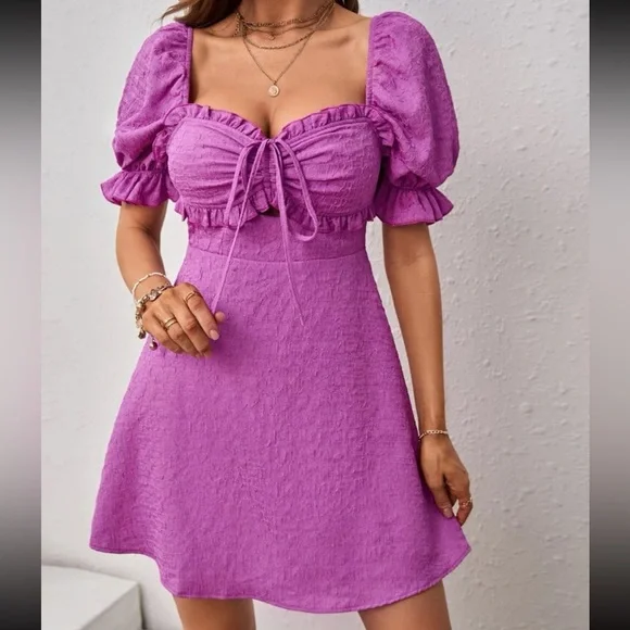 Purple Sweetheart Neck Puff Sleeve Frill Trim Knot Front Dress - Picture 3 of 4